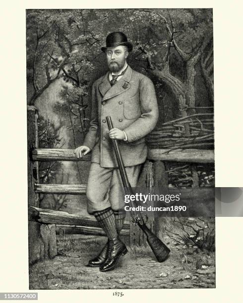 ilustraciones, imágenes clip art, dibujos animados e iconos de stock de eduardo vii, como príncipe de gales, 1875, en traje de disparos - monter
