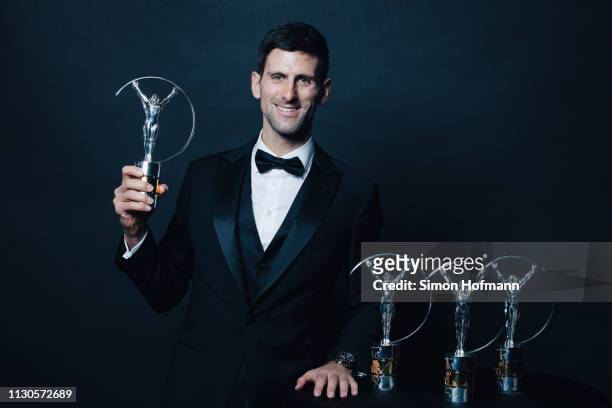 Laureus World Sportsman of The Year 2019 winner Novak Djokovic poses with all of his Laureus Awards he has won over the years on February 18, 2019 in...