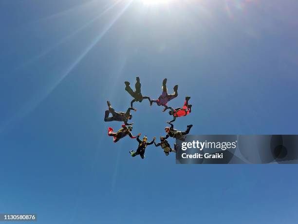 skydiving group having fun - parachute jump stockfoto's en -beelden