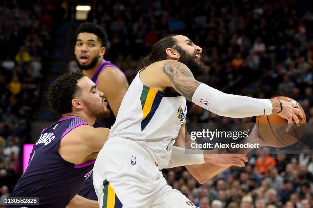 Tyus Jones of the Minnesota Timberwolves guards Ricky Rubio of the Utah Jazz during a game at Vivint Smart Home Arena on March 14, 2019 in Salt Lake...