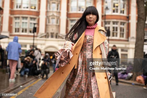 Susie Lau is seen on the street during London Fashion Week February 2019 wearing JW Anderson on February 18, 2019 in London, England.
