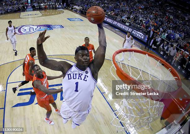 Zion Williamson of the Duke Blue Devils dunks the ball against the Syracuse Orange during their game in the quarterfinal round of the 2019 Men's ACC...