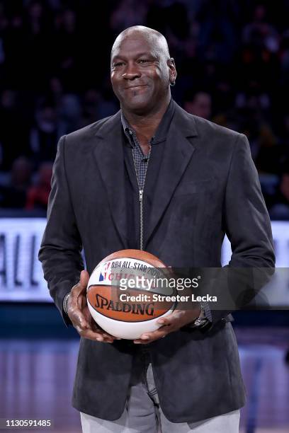 Michael Jordan, owner of the Charlotte Hornets, takes part in a ceremony honoring the 2020 NBA All-Star game during a break in play as Team LeBron...