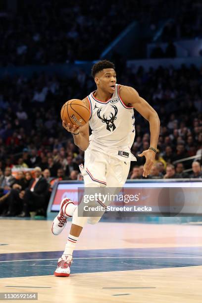 Giannis Antetokounmpo of the Milwaukee Bucks and Team Giannis drives against Team LeBron in the fourth quarter during the NBA All-Star game as part...