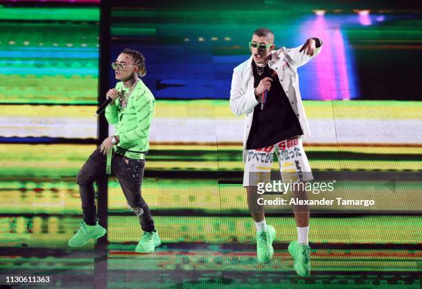 Lil Pump and Bad Bunny perform on stage during the Bad Bunny concert at the American Airlines Arena on March 14, 2019 in Miami, Florida.