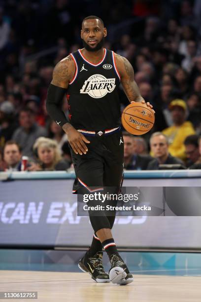 LeBron James of the Los Angeles Lakers and Team LeBron dribbles as they take on Team Giannis during the NBA All-Star game as part of the 2019 NBA...