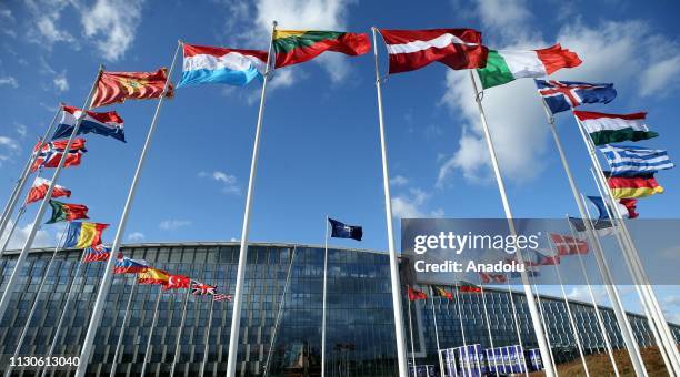 Flags of members of North Atlantic Treaty Organization wave outside of the NATO Headquarters in Brussels, Belgium on March 14, 2019.