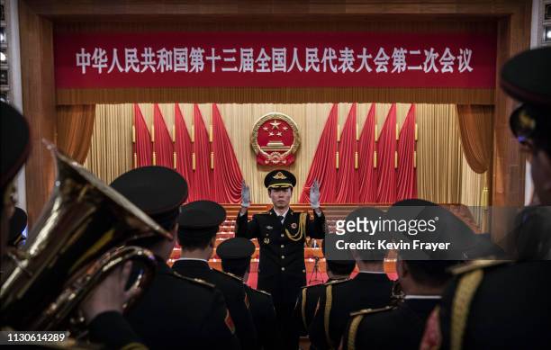 Members of Chinese military band practice before the closing meeting of the National People's Congress on March 15, 2019 in Beijing, China.The annual...