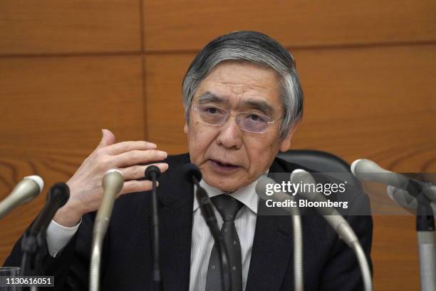 Haruhiko Kuroda, governor of the Bank of Japan , gestures as he speaks during a news conference at the central bank's headquarters in Tokyo, Japan,...