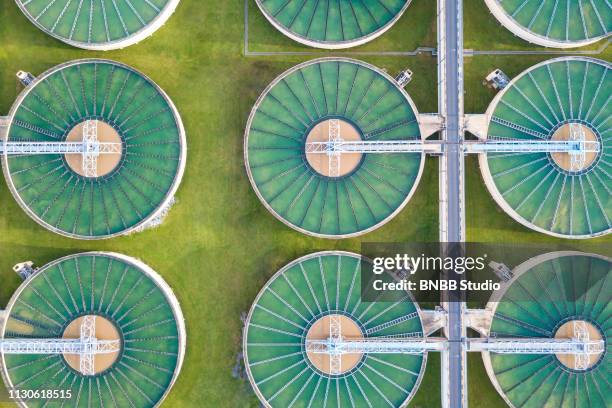 aerial view of water treatment plant - waste treatment stock pictures, royalty-free photos & images