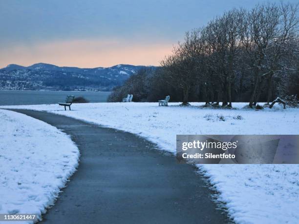 snowy coastal path along oceanfront walk, victoria, british columbia - victoria canada stock-fotos und bilder