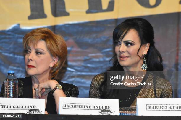 Jacqueline Andere and Maribel Guardia speaks during the 'Arpias Recargadas' press conference at Teatro Silvia Pinal on February 18, 2019 in Mexico...