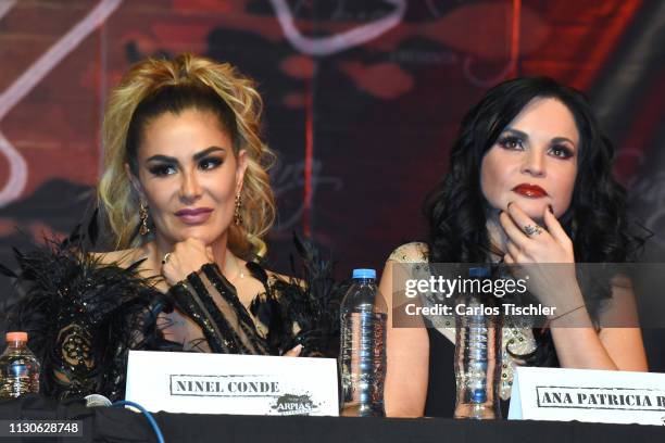 Ninel Conde and Ana Patricia Rojo speaks during the 'Arpias Recargadas' press conference at Teatro Silvia Pinal on February 18, 2019 in Mexico City,...