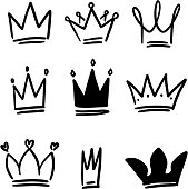 Set of crown illustrations in sketching style. Corona symbols. Tiara icons.