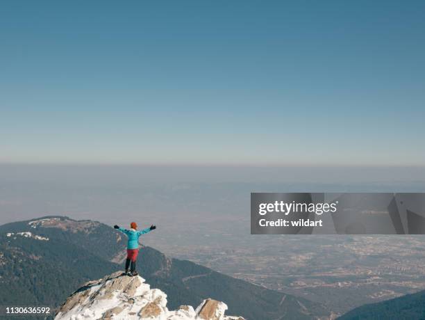 female climber opens arms in the peak of a mountain - ice climbing stock pictures, royalty-free photos & images