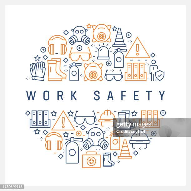 ilustraciones, imágenes clip art, dibujos animados e iconos de stock de concepto de seguridad del trabajo - línea coloridos iconos, dispuestas en círculo - safety icon