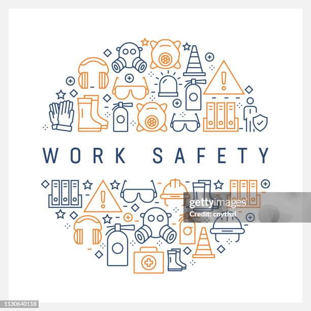 illustrations, cliparts, dessins animés et icônes de concept de travail sécurité - ligne coloré icônes, disposés en cercle - protective workwear