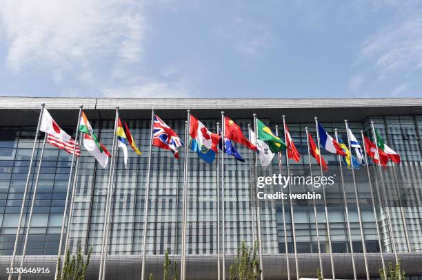 beijing, china, national convention center,  flags, - council of europe stockfoto's en -beelden