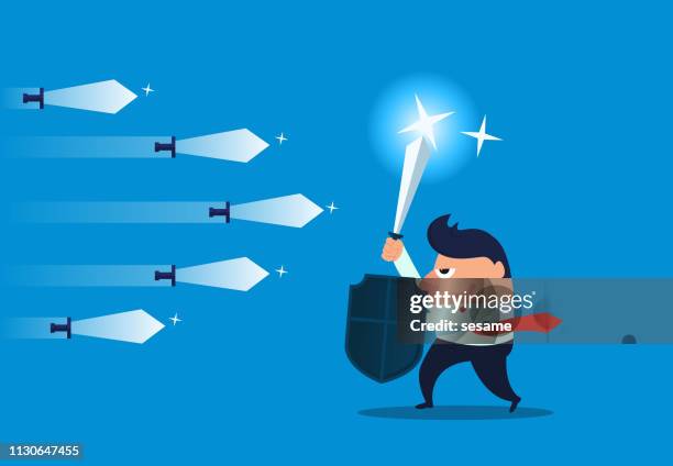 businessman holding sword and shield defending flying knife - knight shield stock illustrations