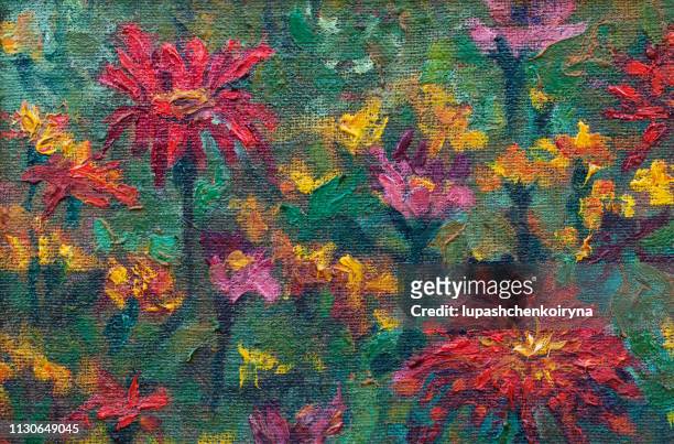 fashionable summer illustration modern art work my original oil painting on canvas flowers horizontal landscape blooming zinnia elegant and calendula medicinal on a garden flowerbed against the green grass of the leaves and stems of other plants - elegans stock illustrations
