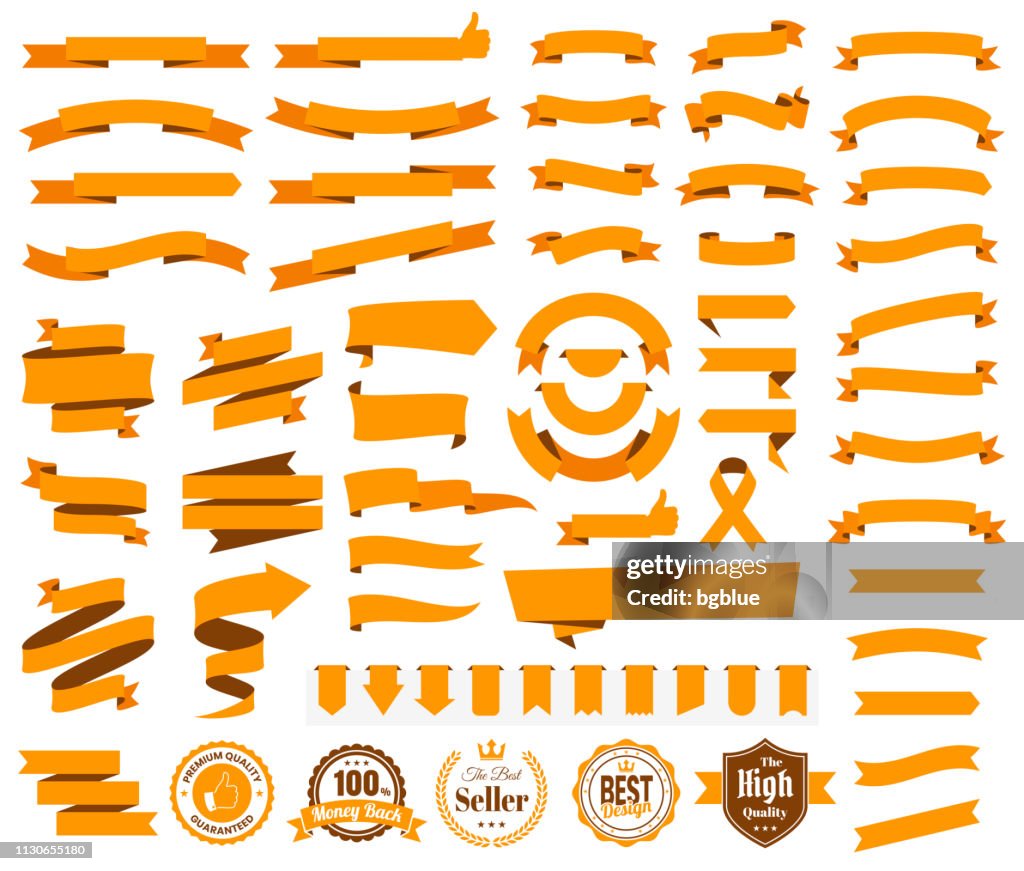 Set of Orange Ribbons, Banners, badges, Labels - Design Elements on white background