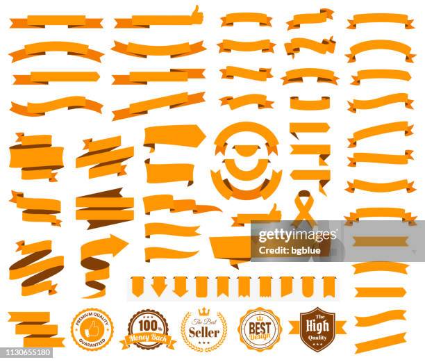 set of orange ribbons, banners, badges, labels - design elements on white background - award ribbon stock illustrations