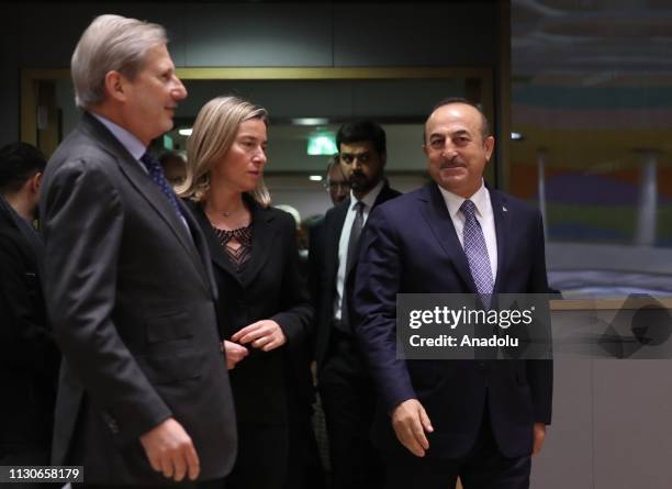 Turkish Foreign Minister Mevlut Cavusoglu , European Commissioner for European Neighbourhood Policy and Enlargement Negotiations, Johannes Hahn and...