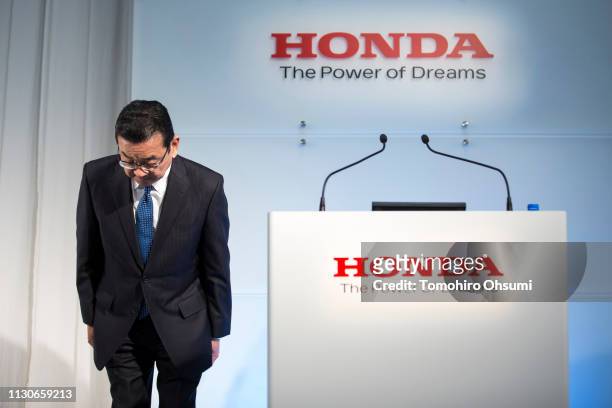 Honda Motor Co. President Takahiro Hachigo bows as he arrives for a press conference on February 19, 2019 in Tokyo, Japan. Honda announced on Tuesday...