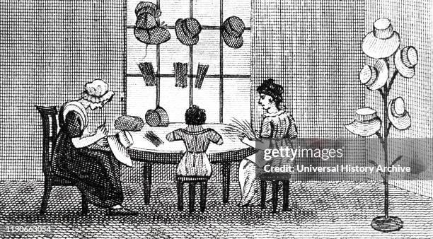 An engraving depicting women and child making plaited straw into hats. Dated 19th century.