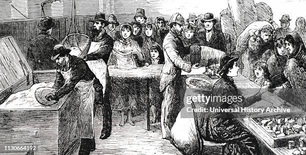 An engraving depicting famine in Ireland: Sir Henry and Lady Gore-Booth hand out food to the starving. Dated 19th century.