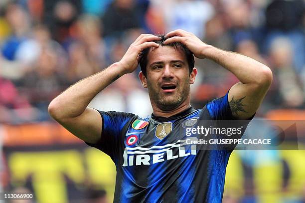 Inter Milan's Serbian midfielder Dejan Stankovic reacts against Lazio during their Italian Serie A football match at San Siro Stadium in Milan on...