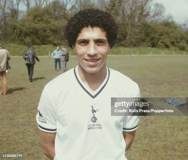 English professional footballer and defender with Tottenham Hotspur, Chris Hughton posed wearing Spurs kit at the club's training ground in North...