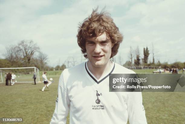 English professional footballer and midfielder with Tottenham Hotspur, Glenn Hoddle posed wearing Spurs kit at the club's training ground in North...