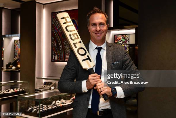 Michael Vaughan poses for a photograph during the ICC Cricket World Cup England & Wales 2019 - Official Timekeeper Hublot and cricket legend Michael...