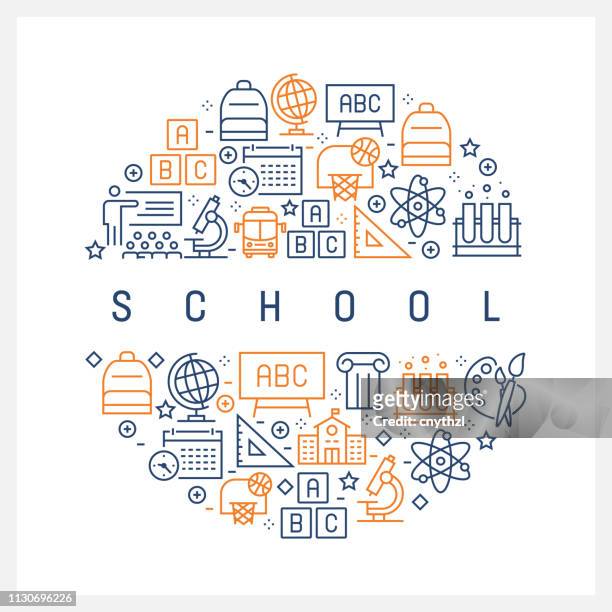 stockillustraties, clipart, cartoons en iconen met school concept - kleurrijke lijn pictogrammen, gerangschikt in cirkel - back to school