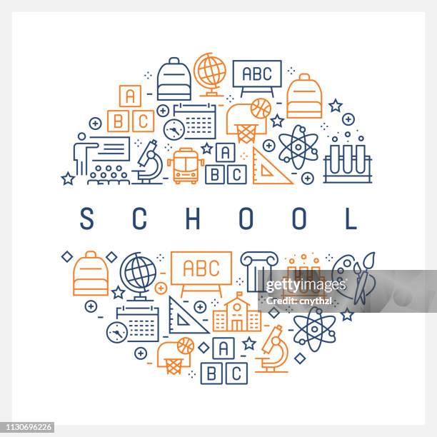 school concept - colorful line icons, arranged in circle - nursery school building stock illustrations