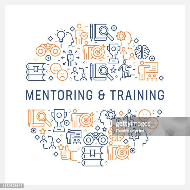 illustrazioni stock, clip art, cartoni animati e icone di tendenza di concetto di mentoring e allenamento - icone di linea colorate, disposte in cerchio - mentoring