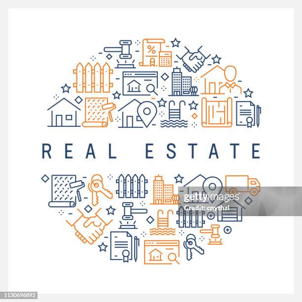 real estate concept - colorful line icons, arranged in circle - real estate icon stock illustrations