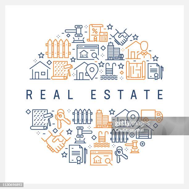 real estate concept - colorful line icons, arranged in circle - office backgrounds stock illustrations