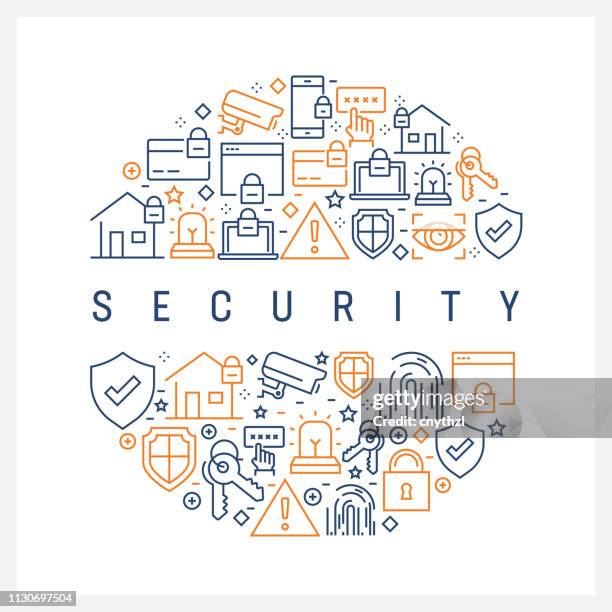 security concept - colorful line icons, arranged in circle - key lock background stock illustrations
