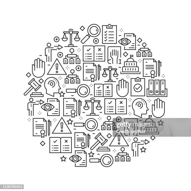 regulations concept - black and white line icons, arranged in circle - office safety stock illustrations