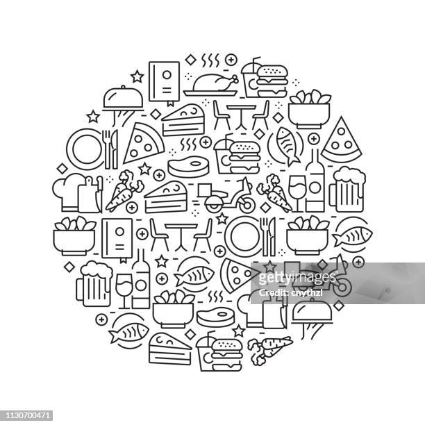 restaurant and food concept - black and white line icons, arranged in circle - dining friends stock illustrations