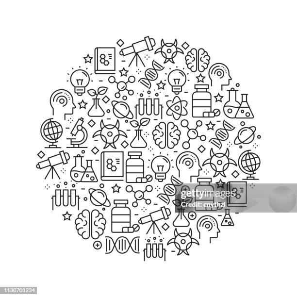 science concept - black and white line icons, arranged in circle - art and science stock illustrations