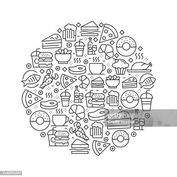 food and drink concept - black and white line icons, arranged in circle - food pattern stock illustrations