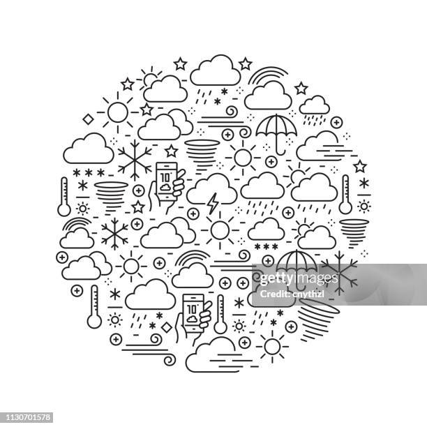 weather related - black and white line icons, arranged in circle - extreme weather stock illustrations