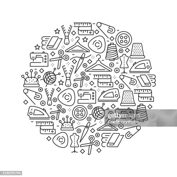 sewing concept - black and white line icons, arranged in circle - tailor stock illustrations