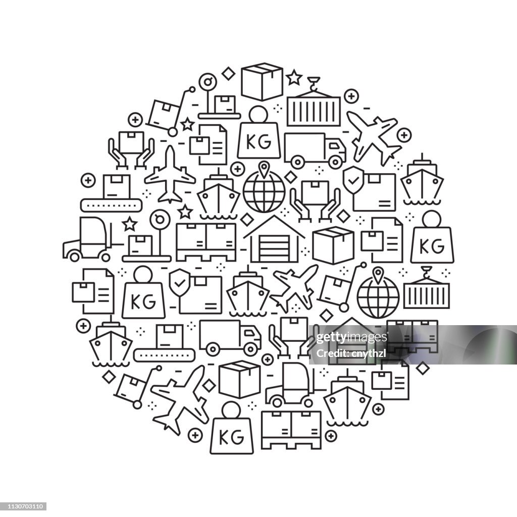 Logistics Concept - Black and White Line Icons, Arranged in Circle