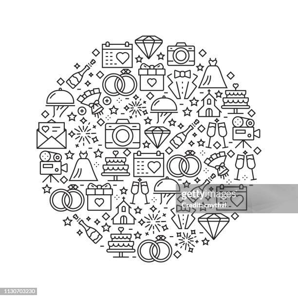 wedding concept - black and white line icons, arranged in circle - wedding invite background stock illustrations