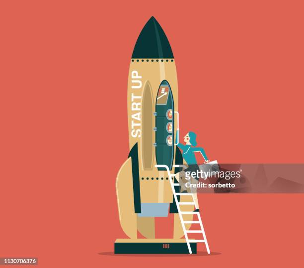 business startup with space rocket - businesswoman - business woman movement dynamic stock illustrations