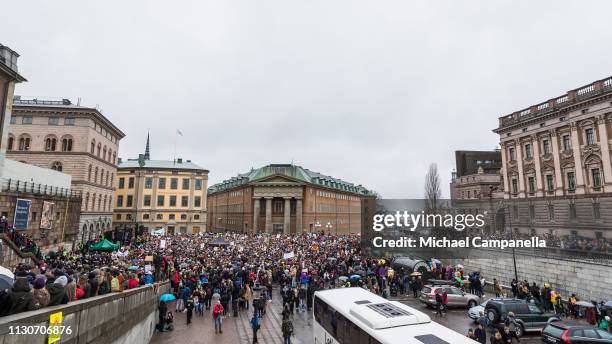 Students participate in a strike outside of the Swedish parliament house, Riksdagen, in order to raise awareness for global climate change on March...